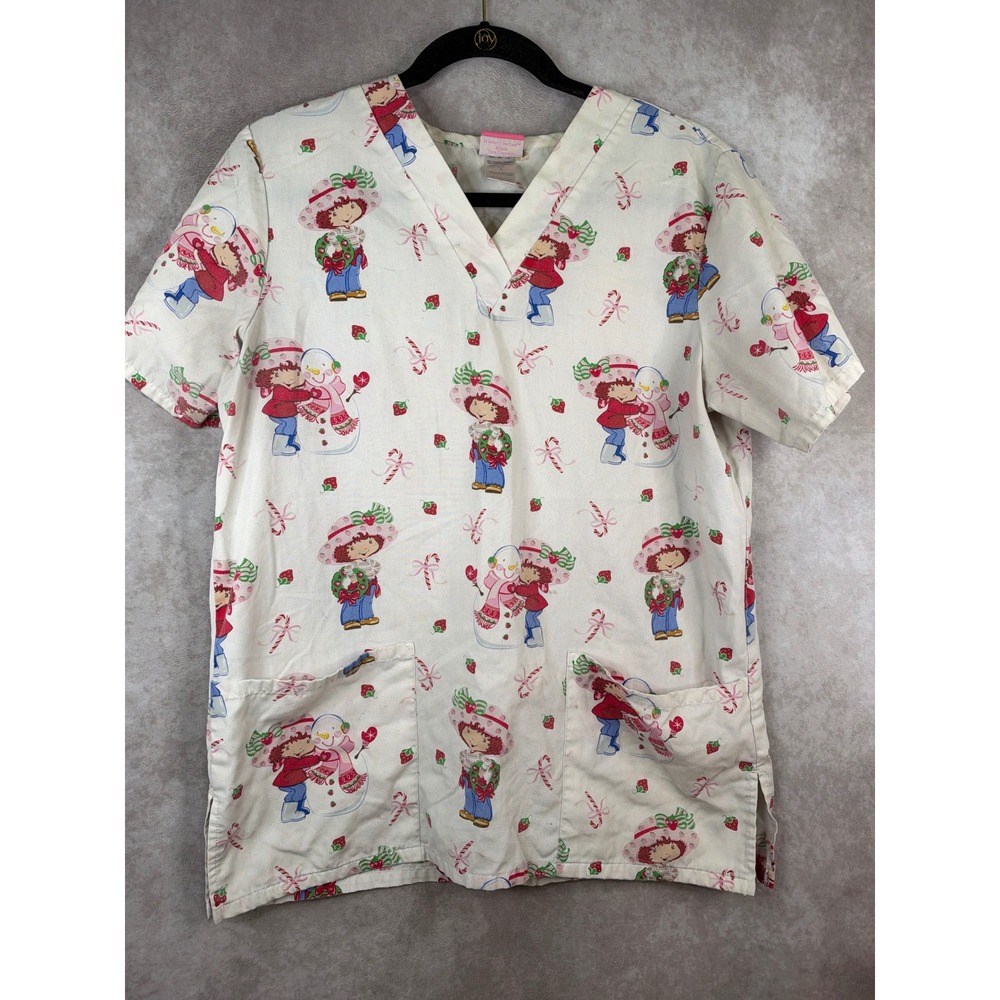 VTG Strawberry Shortcake Scrub Top S Cream Christmas Holiday Snowman V-Neck